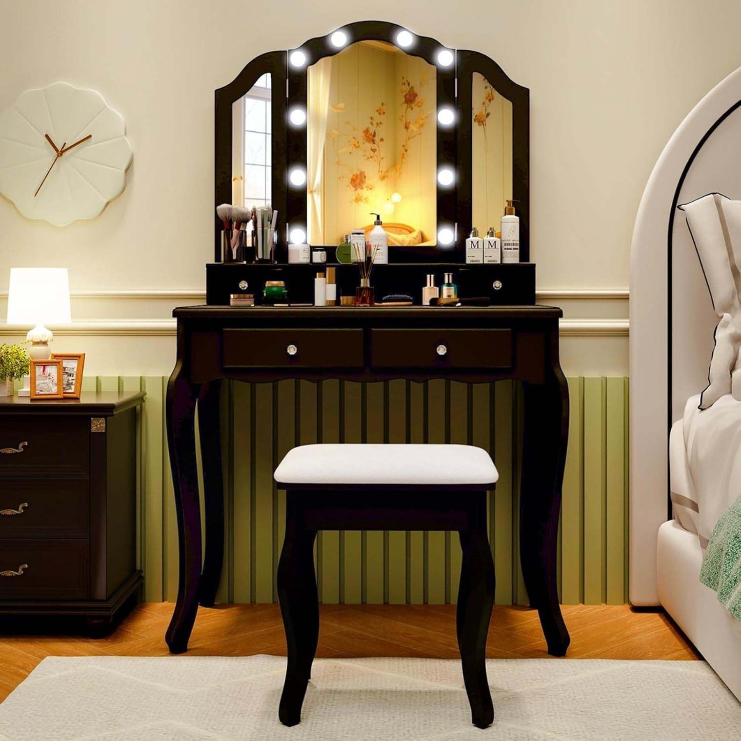 Vanity Desk with Lights - Makeup Vanity Table with Tri-Fold Mirror, 10 Adjustable Hollywood LED Lights, 4 Storage Drawers, Bedroom Makeup Dressing Table with Lighted Mirror and Stool (Black)