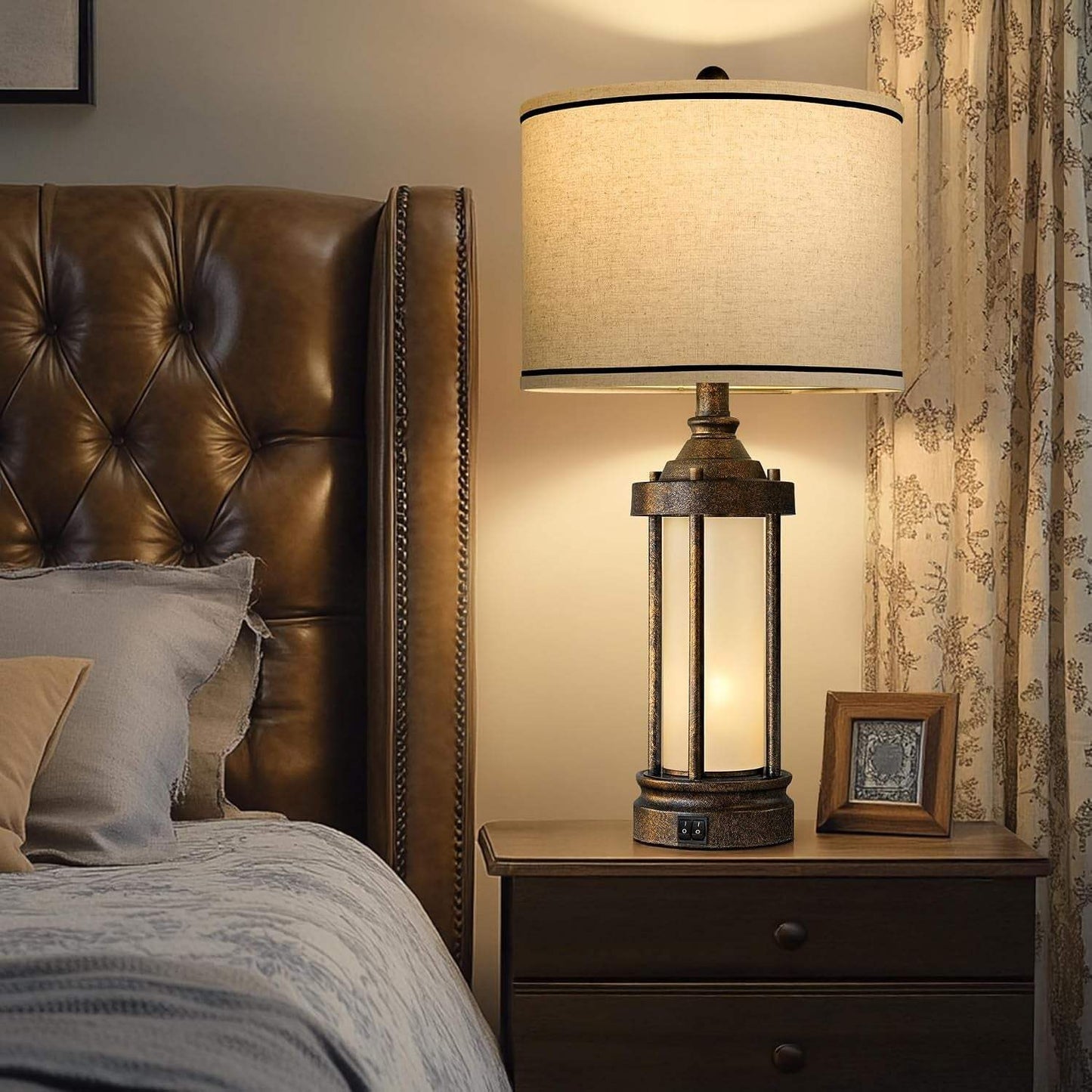 25'' Table Lamp for Living Room Bedroom Farmhouse Metal Lamps with 2 USB Ports, Built-In Frosted Glass Night Light Vintage Industrial Nightstand Bedside End Lamp, 2 Bulbs Included, Bronze