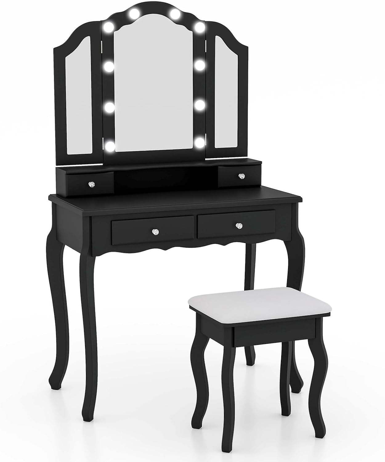 Vanity Desk with Lights - Makeup Vanity Table with Tri-Fold Mirror, 10 Adjustable Hollywood LED Lights, 4 Storage Drawers, Bedroom Makeup Dressing Table with Lighted Mirror and Stool (Black)
