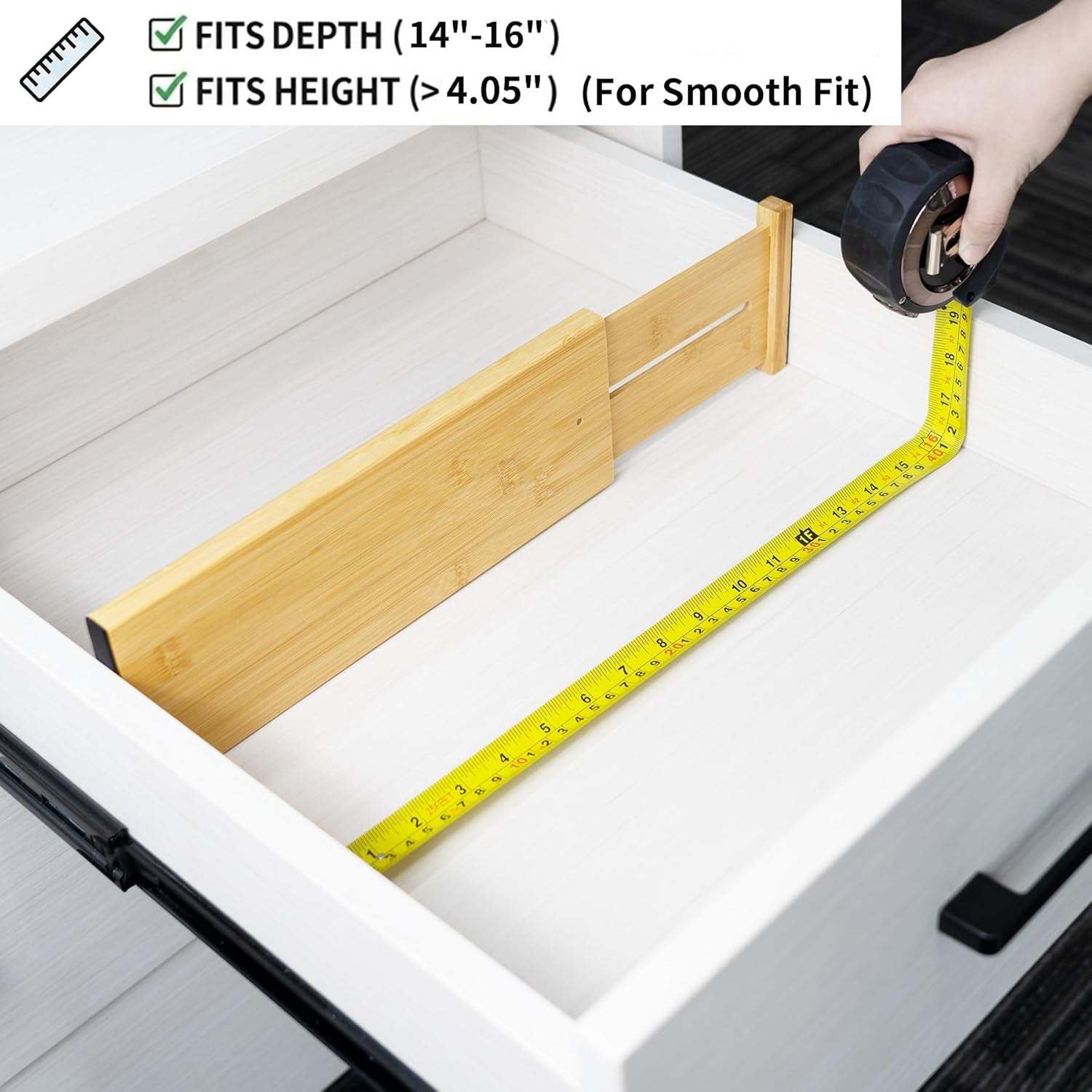 Bamboo Dresser Drawer Dividers, 4'' High Adjustable Drawer Organizers for Clothing, Spring Loaded, Works in Kitchen, Bathroom, Bedroom, Drawer, Desk, 4 Pcs