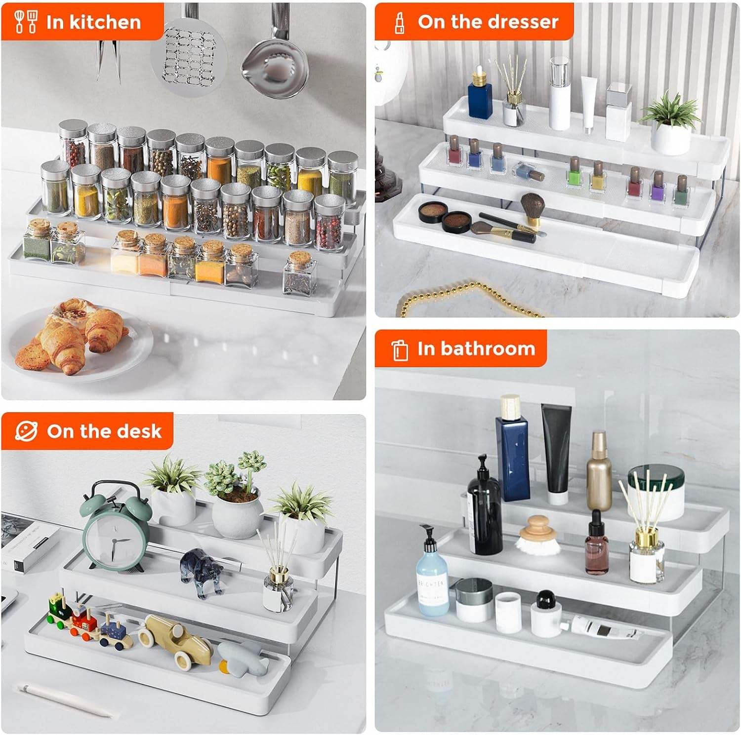 Expandable Spice Rack Organizer for Cabinet - 3 Tier Adjustable Cabinet Spice Organizer Easy Visibility - Spice Organizer for Cabinet Countertop Cupboard Pantry Organization (White)