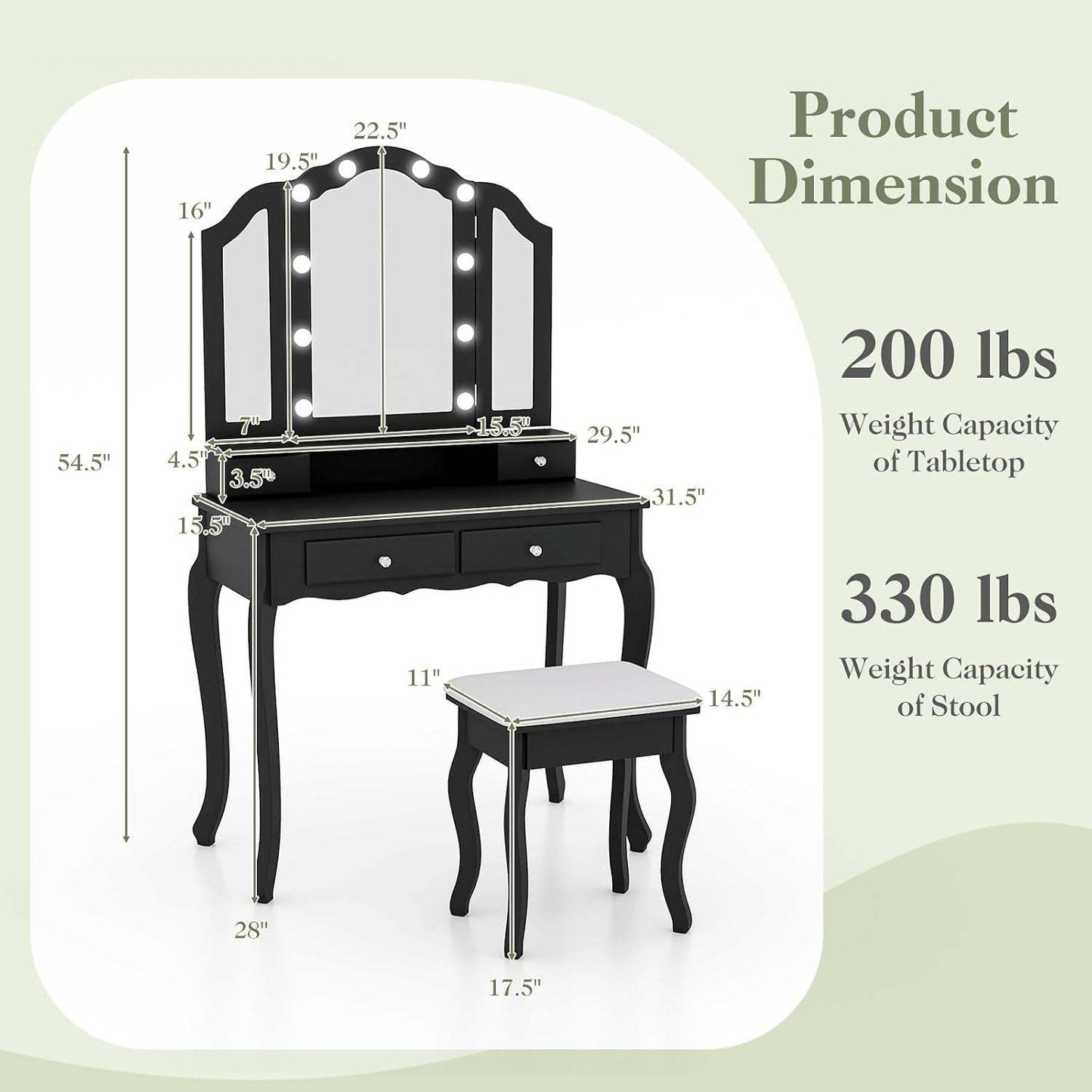 Vanity Desk with Lights - Makeup Vanity Table with Tri-Fold Mirror, 10 Adjustable Hollywood LED Lights, 4 Storage Drawers, Bedroom Makeup Dressing Table with Lighted Mirror and Stool (Black)