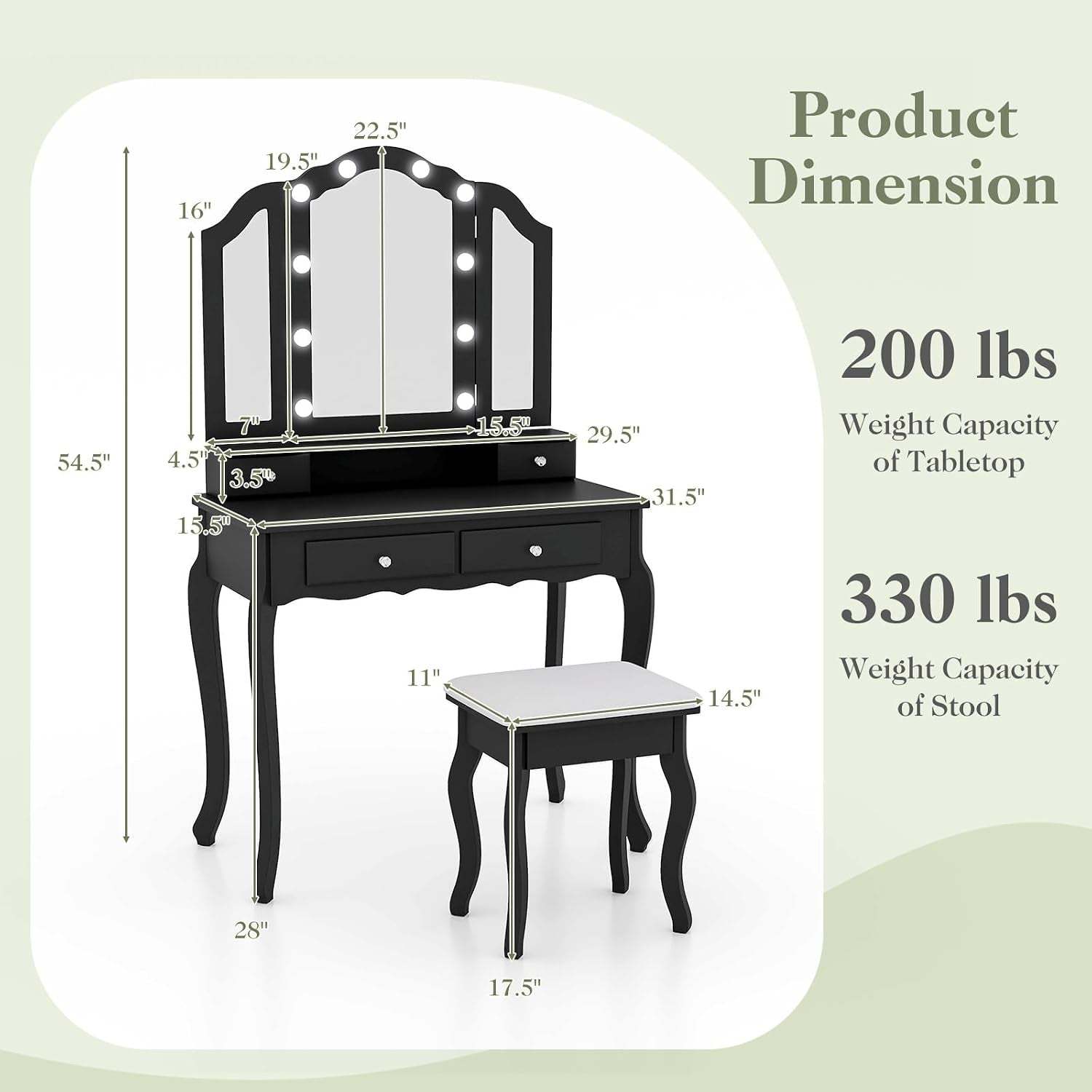 Vanity Desk with Lights - Makeup Vanity Table with Tri-Fold Mirror, 10 Adjustable Hollywood LED Lights, 4 Storage Drawers, Bedroom Makeup Dressing Table with Lighted Mirror and Stool (Black)