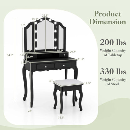 Vanity Desk with Lights - Makeup Vanity Table with Tri-Fold Mirror, 10 Adjustable Hollywood LED Lights, 4 Storage Drawers, Bedroom Makeup Dressing Table with Lighted Mirror and Stool (Black)