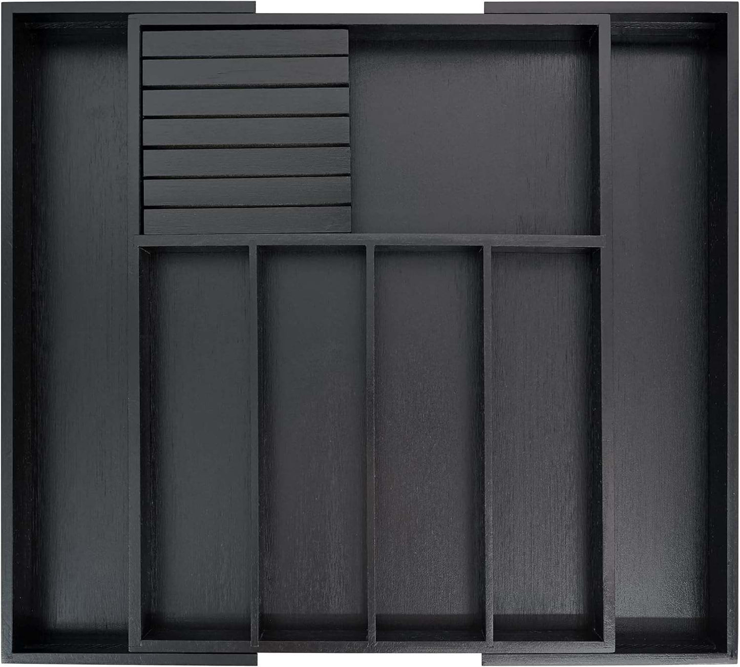 Expandable bamboo silverware drawer organizer with removable knife block and adjustable compartments in black finish