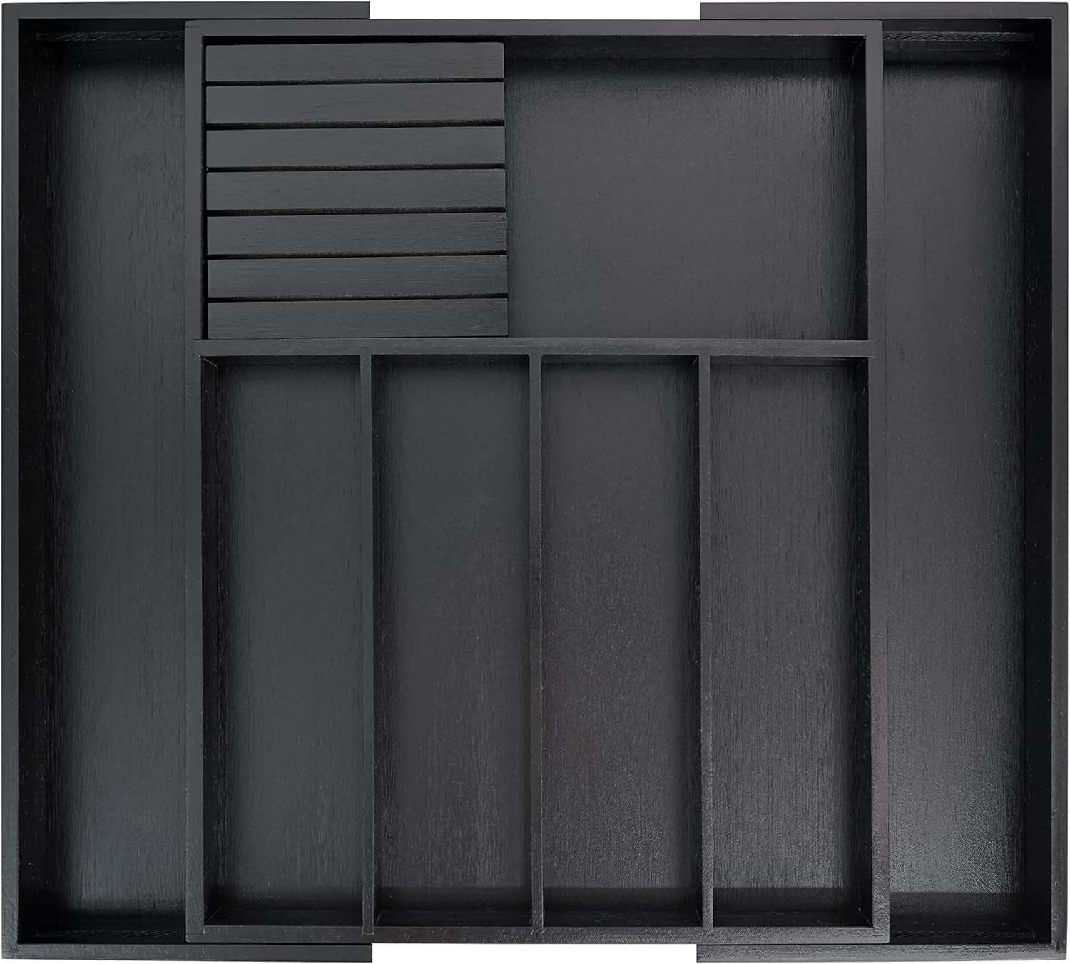 Expandable bamboo silverware drawer organizer with removable knife block and adjustable compartments in black finish