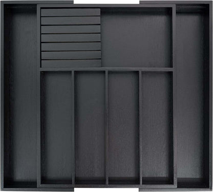 Expandable bamboo silverware drawer organizer with removable knife block and adjustable compartments in black finish