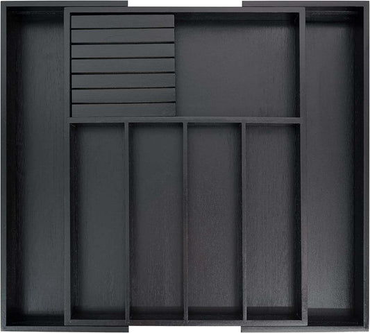 Expandable bamboo silverware drawer organizer with removable knife block and adjustable compartments in black finish