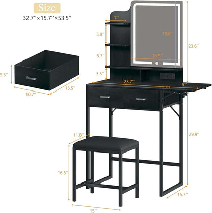Makeup Vanity Desk with Mirror and Lights, Small Vanity with Fabric Storage Drawer & Chair & Shelves, Vanity with Fold-Up Panel and Power Outlet for Bedroom
