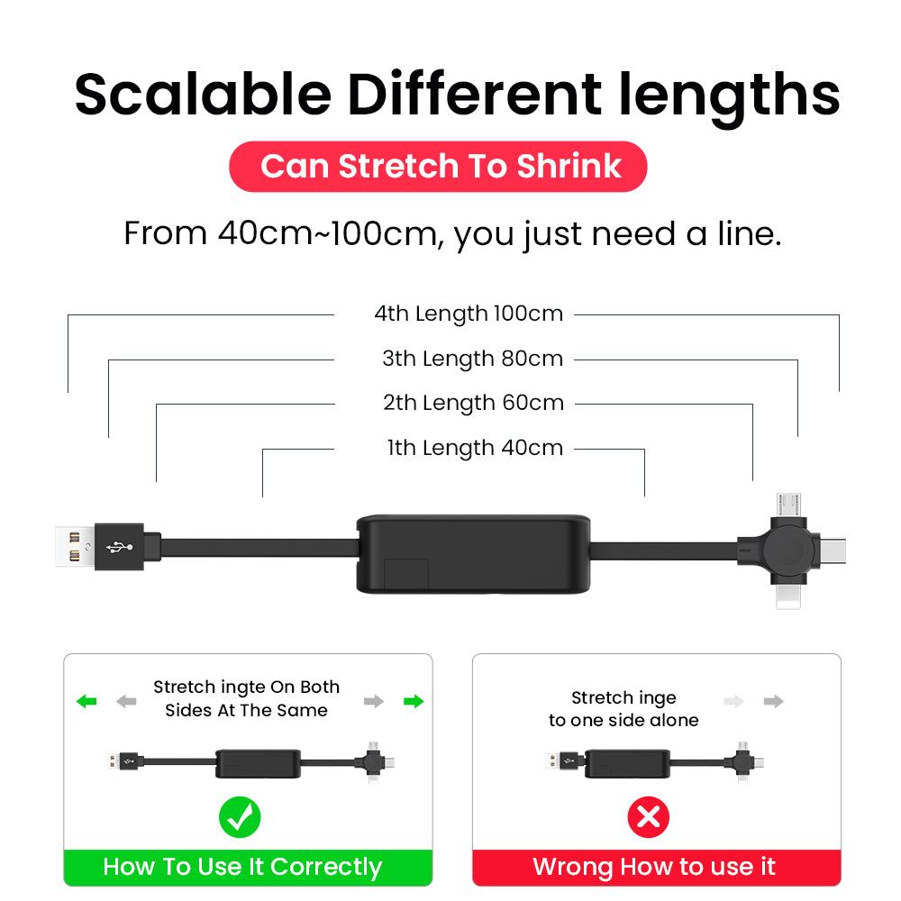 Retractable 4-in-1 USB charging cable with Macaron phone stand and multi-interface connectors