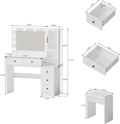 Makeup Vanity with Lights & Charging Station, White Vanity Table with 5 Drawers & Open Storage Shelves, Vanity Desk with Mirror & Lights, Dressing Table Set, Bedroom Makeup Table Set Black Handle
