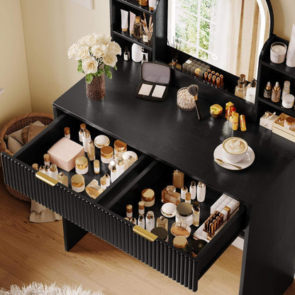 Makeup Vanity Desk with Mirror and Lights, Black Vanity Table with 2 Drawers & Open Storage Shelves, Fluted Vanity Bedroom Makeup Dressing Table Set for Women Girls
