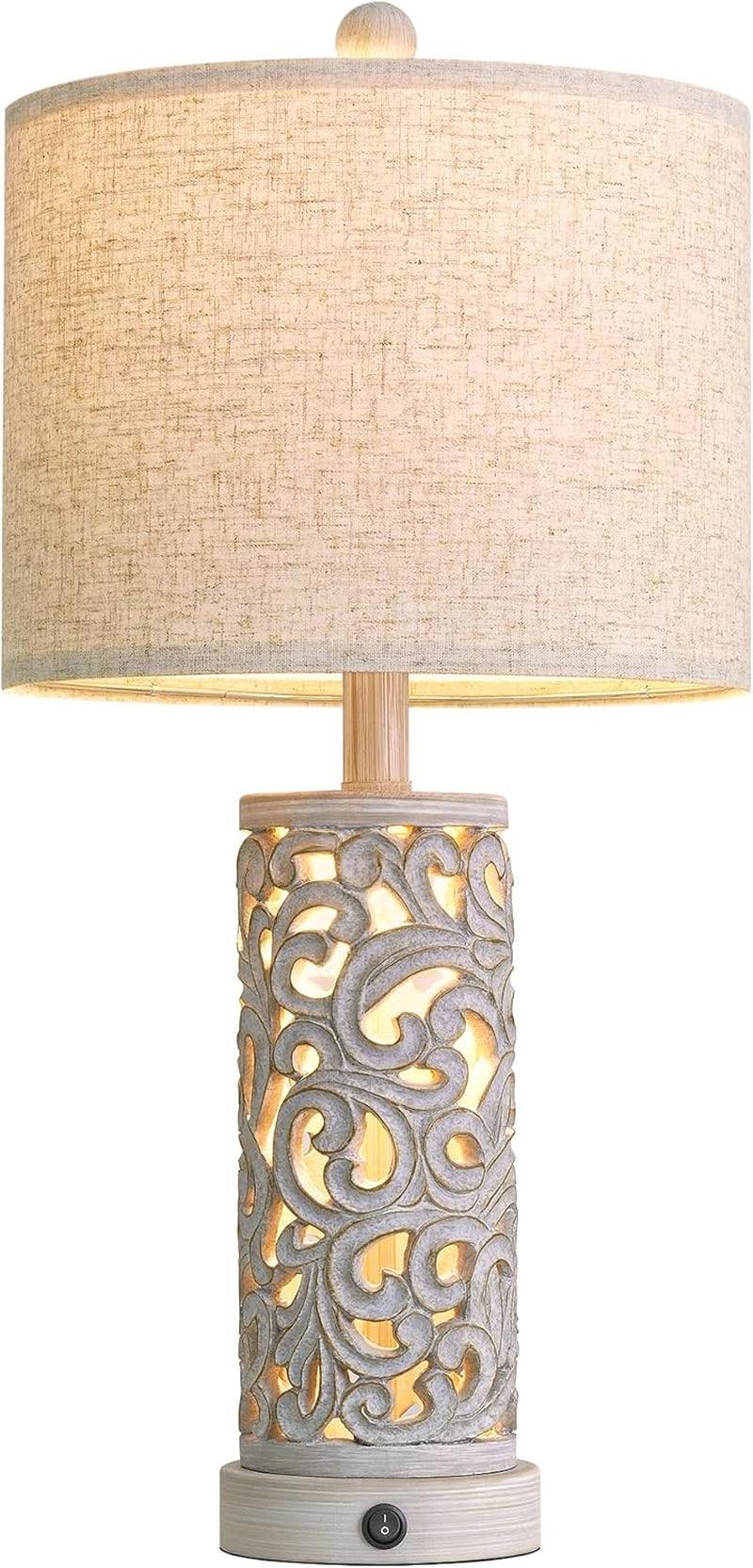 22'' Farmhouse Table Lamp for Living Room, Bedside Lamp with 2 USB Ports for Bedroom, Rustic Nightstand Lamp with Linen Lampshade for Office Hallway Home Decor, Distressed Grey (Bulb Included)
