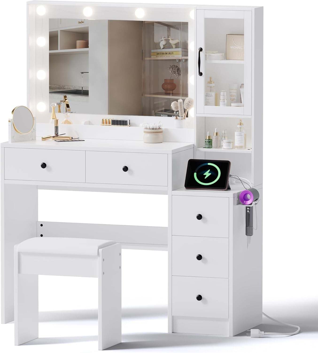 Makeup Vanity with Lights & Charging Station, White Vanity Table with 5 Drawers & Open Storage Shelves, Vanity Desk with Mirror & Lights, Dressing Table Set, Bedroom Makeup Table Set Black Handle