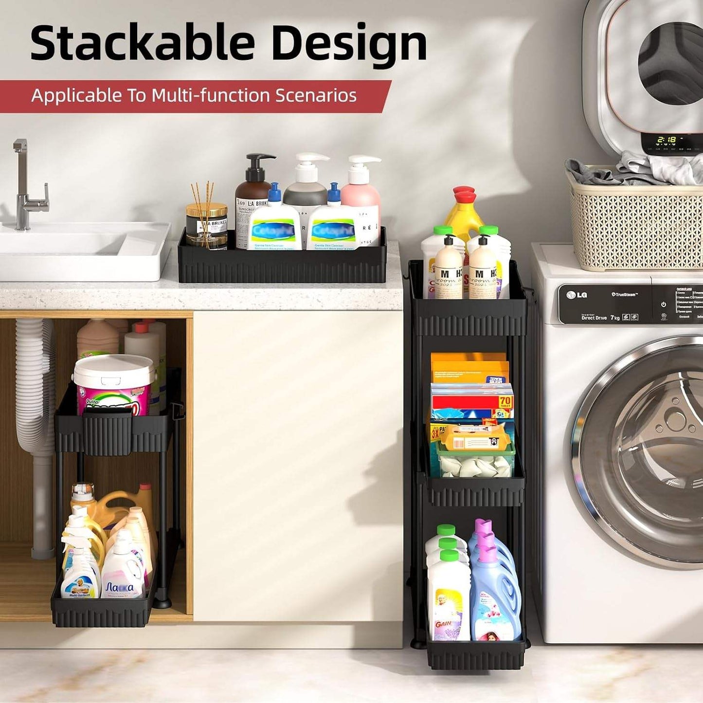 4 Pack under Sink Organizer, Bathroom Organizers and Storage, 2 Tier Multi-Use Pull Out Cabinet Organizer with Hang Hooks and Cups (Black, 4 Pack)