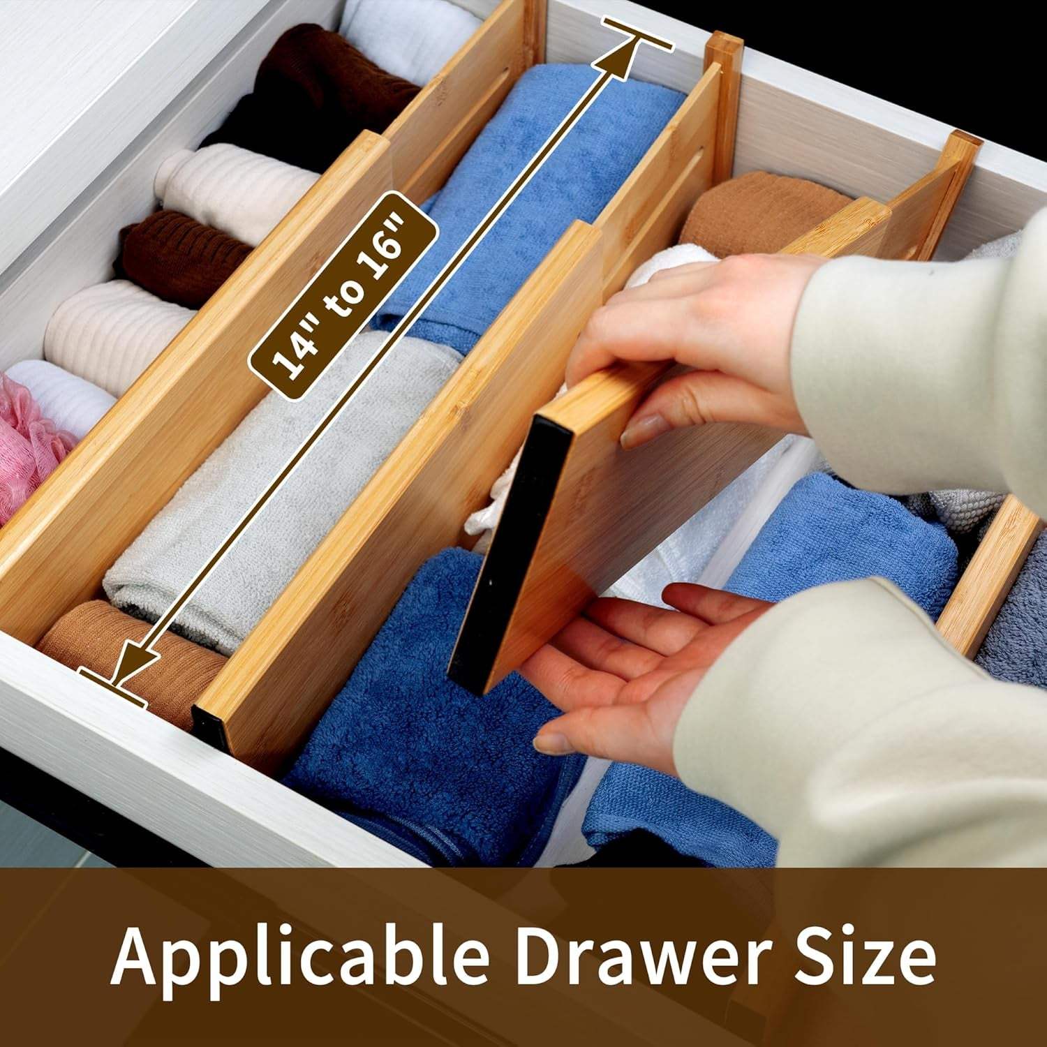 Bamboo Dresser Drawer Dividers, 4'' High Adjustable Drawer Organizers for Clothing, Spring Loaded, Works in Kitchen, Bathroom, Bedroom, Drawer, Desk, 4 Pcs