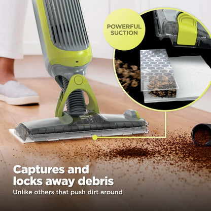 VACMOP Cordless Hard Floor Vacuum Mop, for Tile, Vinyl, Laminate, Wood, with (4) Disposable VACMOP Pads, 12-Oz  Multi-Surface Cleaner, VM200