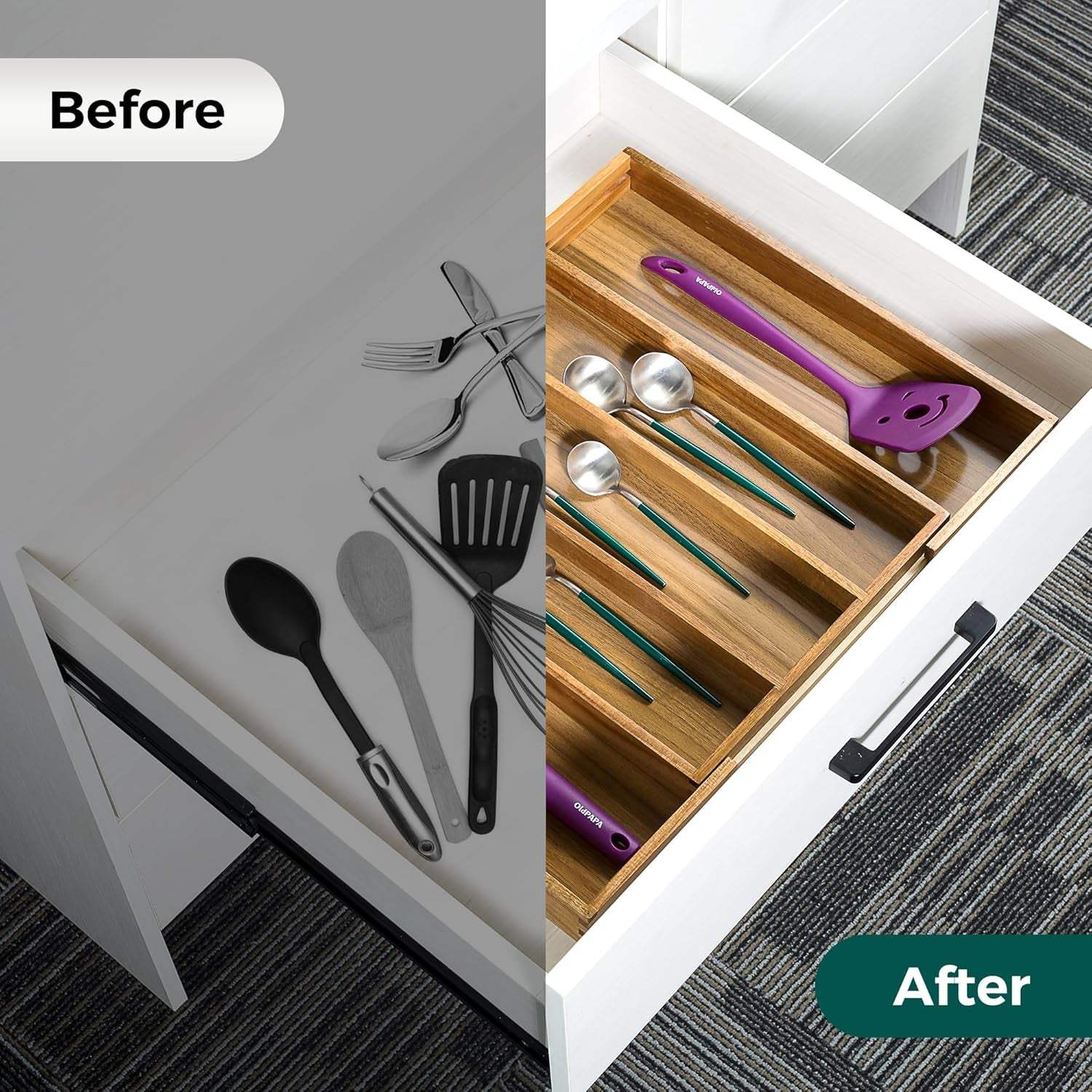 Acacia Kitchen Drawer Organizer Expandable, Large Utensils and Cutlery Tray, Adjustable Silverware Divider for Knives Flatware