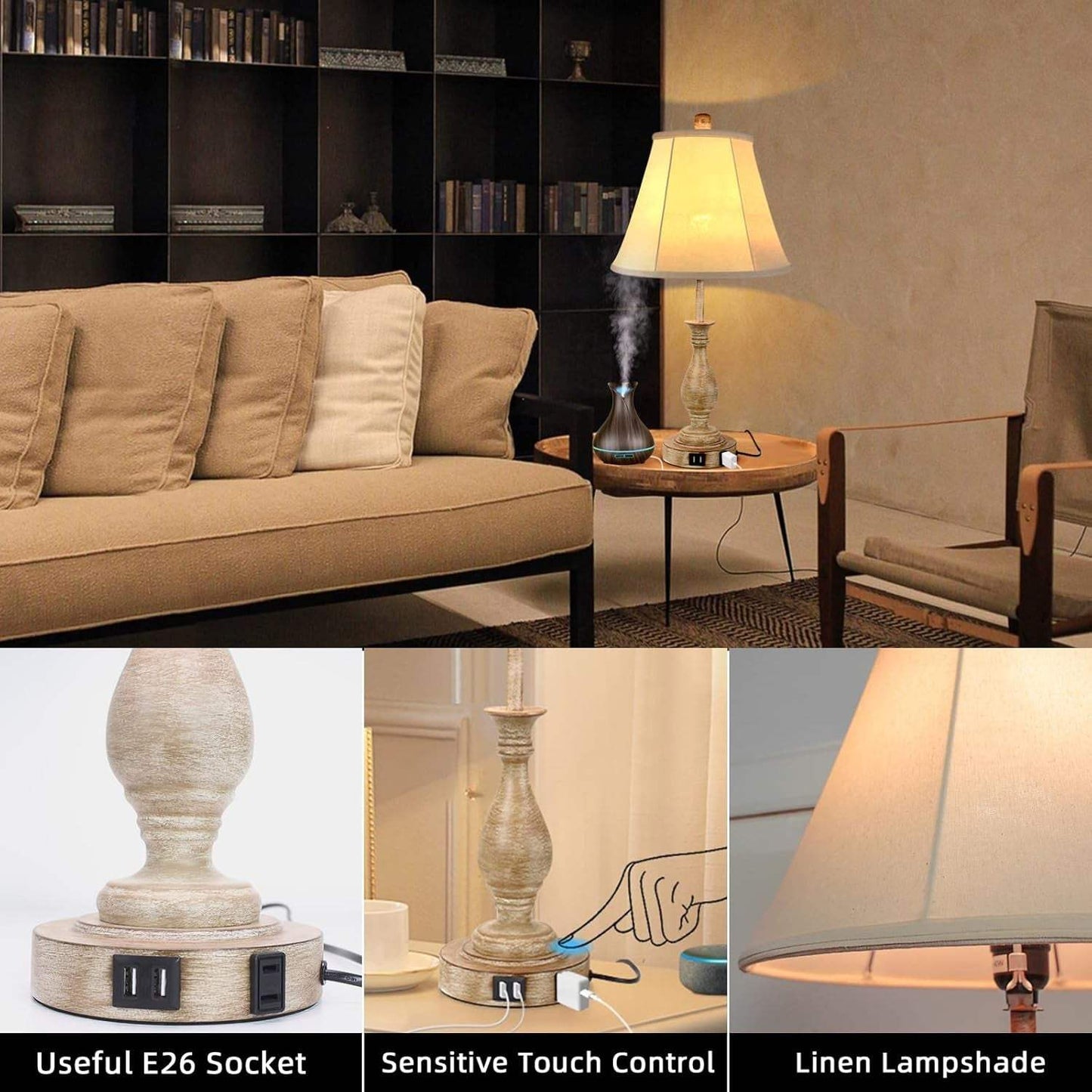 Farmhouse Table Lamp Touch Control 3-Way Dimmable Table Lamp, Modern Nightstand Lamp with 2 USB Port Bedside Desk Lamp with Fabric Shade for Living Room Bedroom Hotel (Pack 1-Beige Shade)
