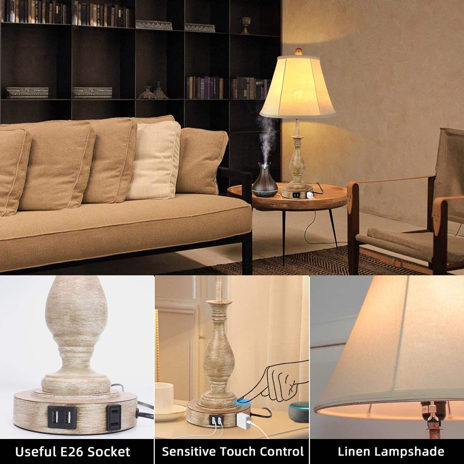 Farmhouse Table Lamp Touch Control 3-Way Dimmable Table Lamp, Modern Nightstand Lamp with 2 USB Port Bedside Desk Lamp with Fabric Shade for Living Room Bedroom Hotel (Pack 1-Beige Shade)