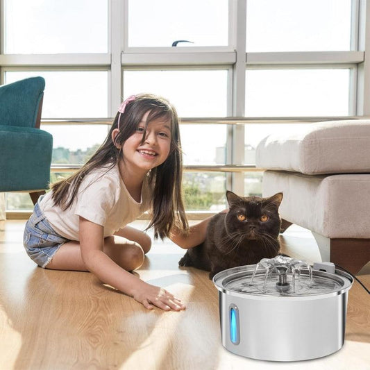 2.2L stainless steel cat dog water fountain with flower-style spout, triple filtration, LED light, and visible water level window