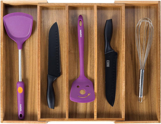 Expandable acacia kitchen drawer organizer with smooth surface and adjustable compartments for utensils and silverware storage