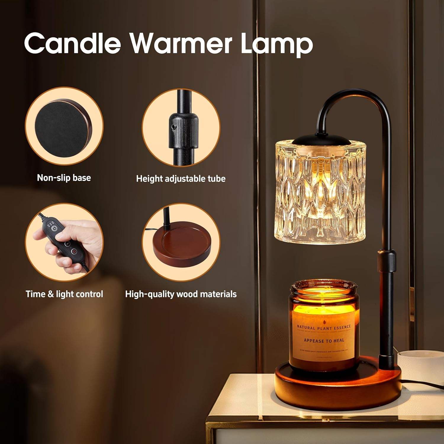 Dimmable Candle Warmer Lamp with Timer, Height Adjustable Electric Candle Wax Warmer, Christmas Birthday Gifts for Women Mom, House Warming Gifts New Home Room Decor, Walnut Solid Wood Base