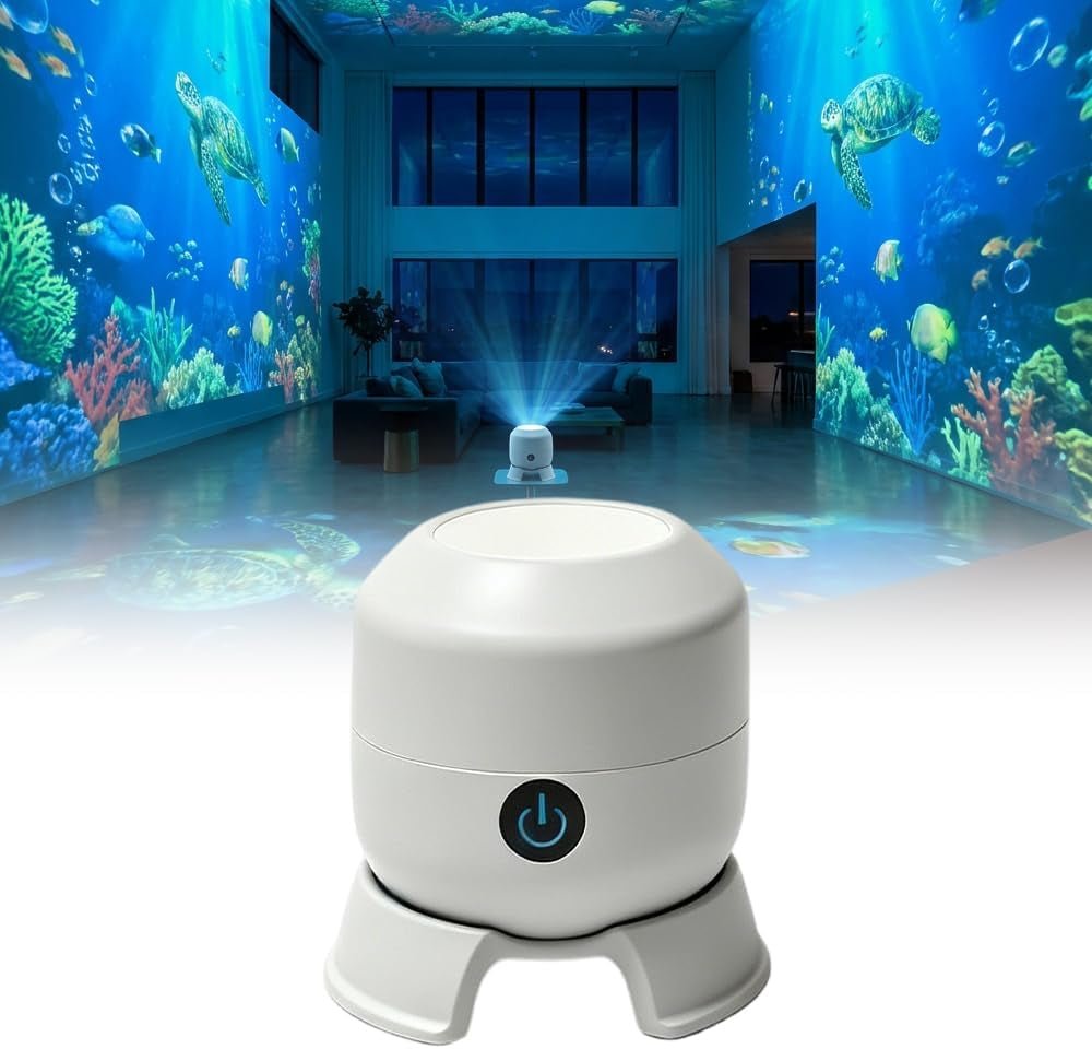 Dynamic rotating LED projector light displaying 360° ocean wave and galaxy night scenes with adjustable projection base