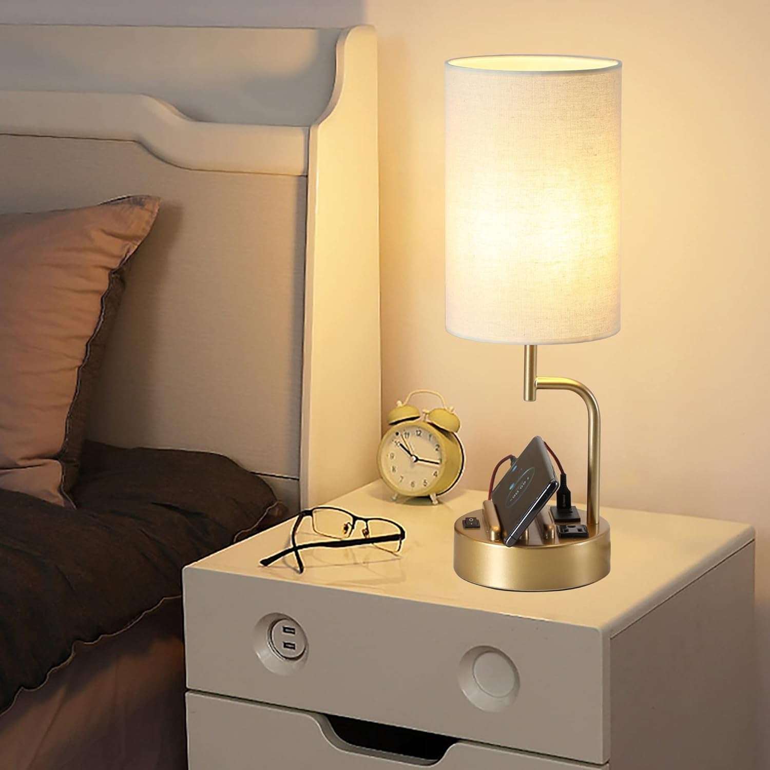Table Lamp with 3 USB Charging Ports, Modern Desk Lamp with AC Outlet and Phone Stands, Perfect Bedside Lamp for Bedroom, Living Room, Office (Pack of 2), Gold