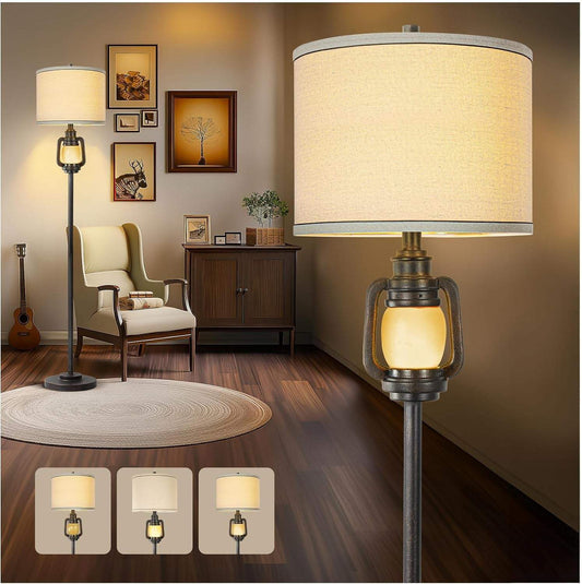 Vintage floor lamp 63.5-inch with linen shade and 4-way switch, featuring top light and soft night light in a farmhouse style