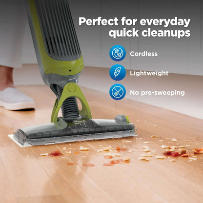 VACMOP Cordless Hard Floor Vacuum Mop, for Tile, Vinyl, Laminate, Wood, with (4) Disposable VACMOP Pads, 12-Oz  Multi-Surface Cleaner, VM200