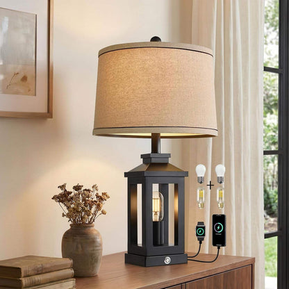 23.75" retro farmhouse black table lamp with USB ports and 3-way dimmable lights for living room and bedroom