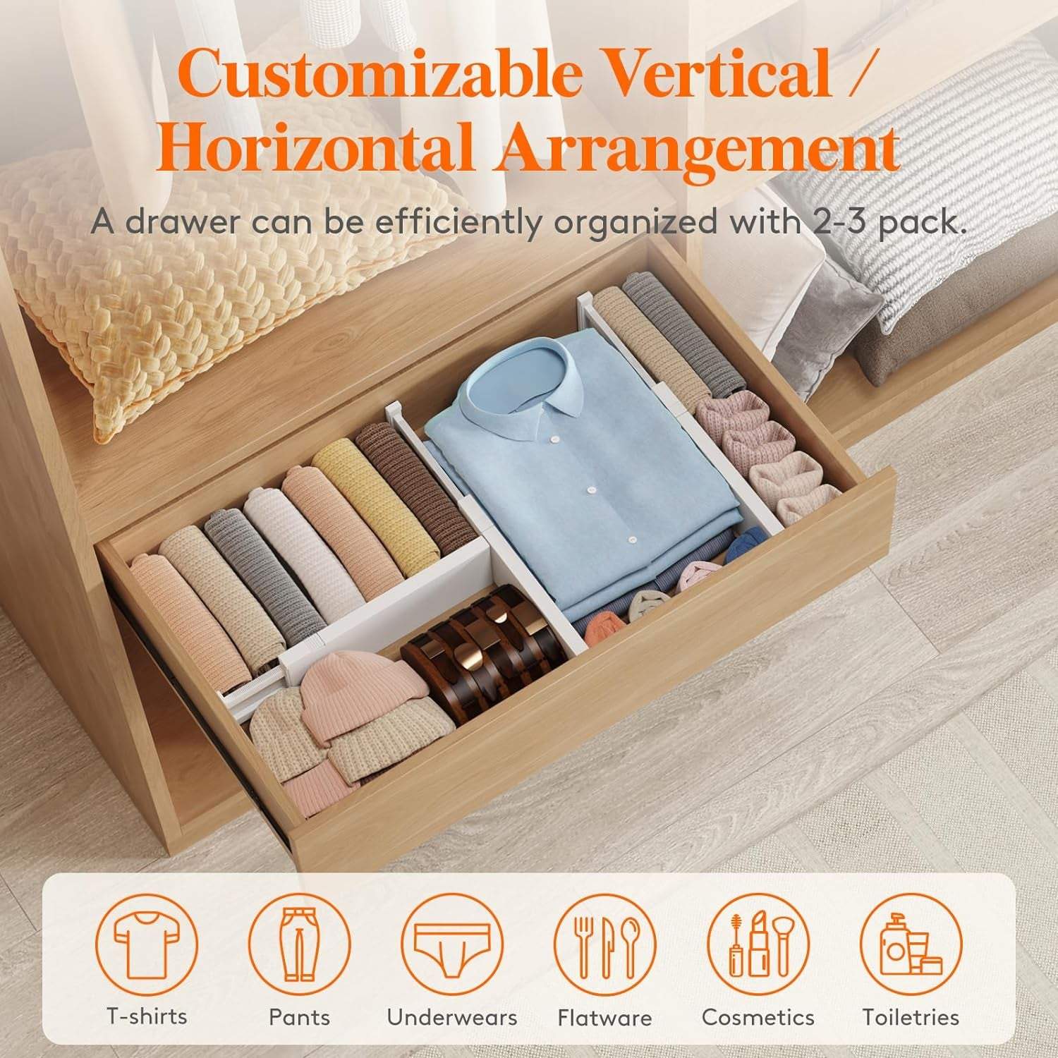 5 Pack 4" High Drawer Dividers 34-56Cm/13.5-22" Adjustable Drawer Organizer for Clothes/Utensils, Expandable Drawer Separator in Dresser/Kitchen/Bedroom/Office Organization & Storage White