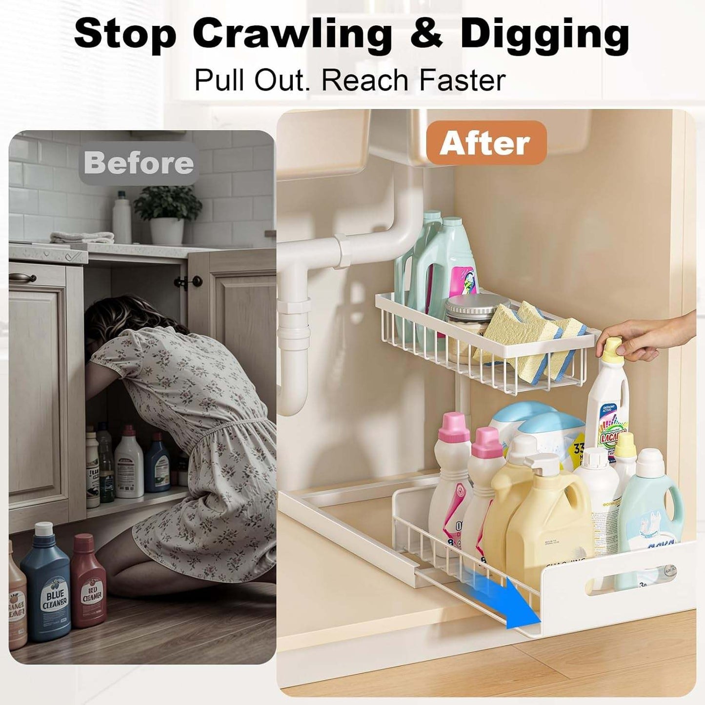 under Sink Organizer, Pull Out Cabinet Organizer 2 Tier Slide Out Sink Shelf Cabinet Storage Shelves, under Sink Storage for Kitchen Bathroom Cabinet, White, 1 Pack