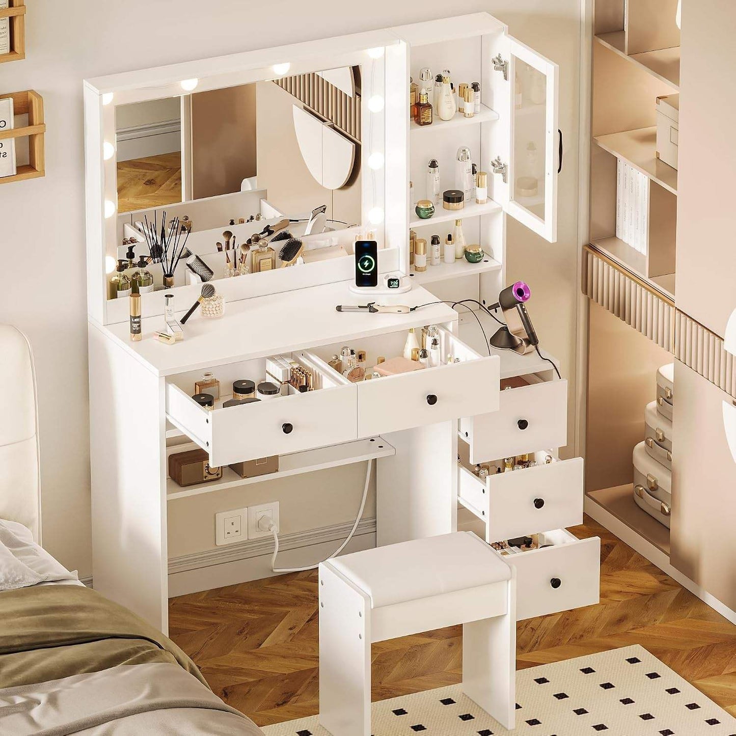 Makeup Vanity with Lights & Charging Station, White Vanity Table with 5 Drawers & Open Storage Shelves, Vanity Desk with Mirror & Lights, Dressing Table Set, Bedroom Makeup Table Set Black Handle