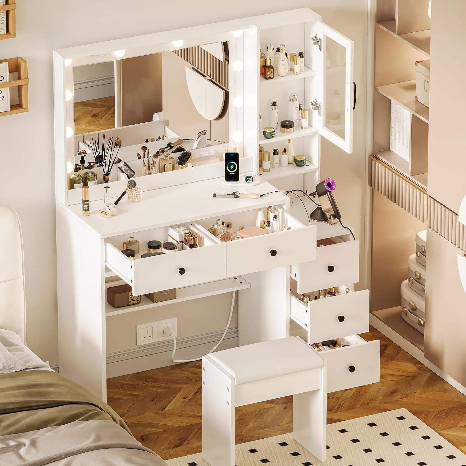 Makeup Vanity with Lights & Charging Station, White Vanity Table with 5 Drawers & Open Storage Shelves, Vanity Desk with Mirror & Lights, Dressing Table Set, Bedroom Makeup Table Set Black Handle