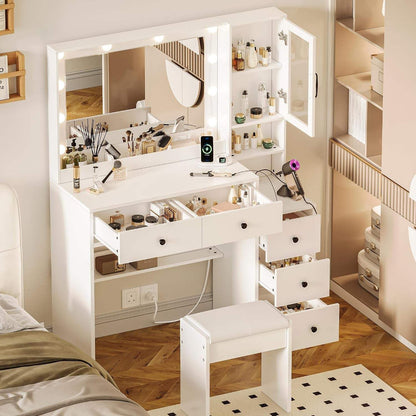 Makeup Vanity with Lights & Charging Station, White Vanity Table with 5 Drawers & Open Storage Shelves, Vanity Desk with Mirror & Lights, Dressing Table Set, Bedroom Makeup Table Set Black Handle