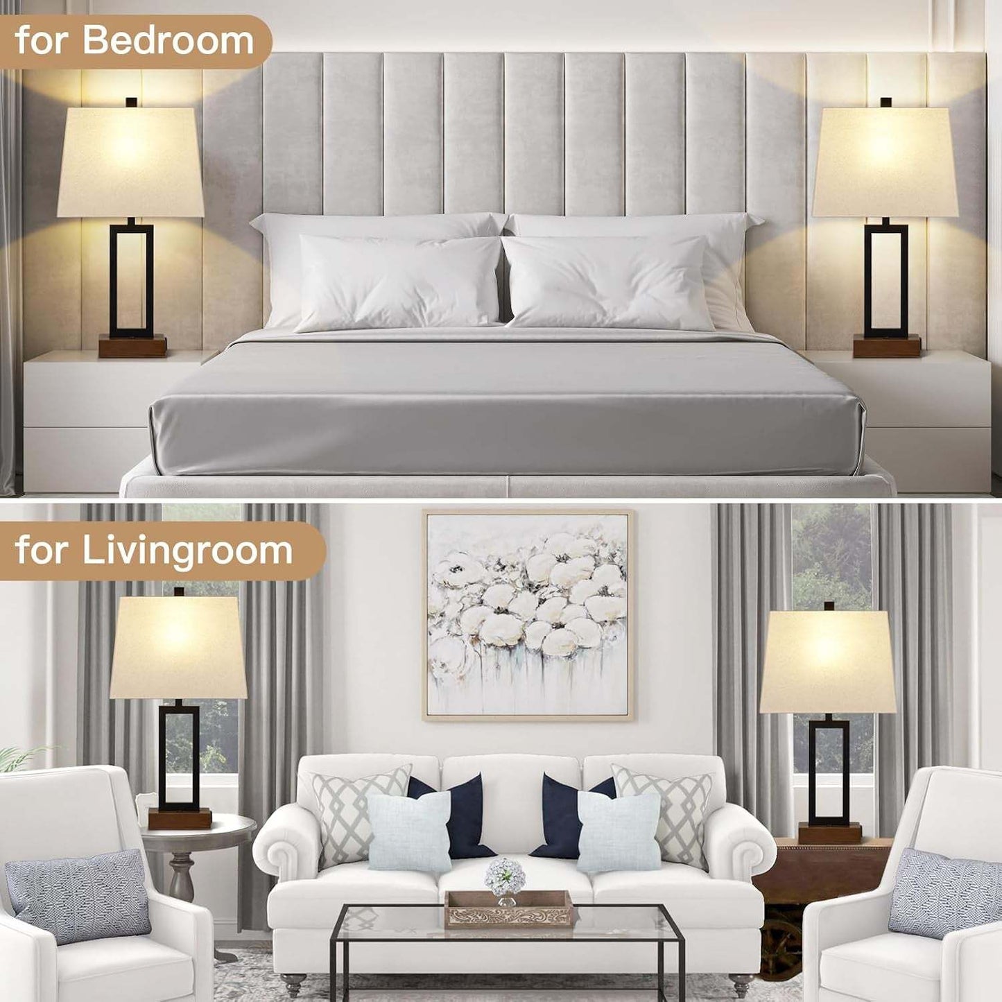 Table Lamp for Bedroom Set of 2 with 2 USB Ports and AC Power Outlet, 23.5" Modern Bedside Lamp, Wood Nightstand Lamp with Linen Shade for Living Room Hotel Desk(Led Bulb Included)