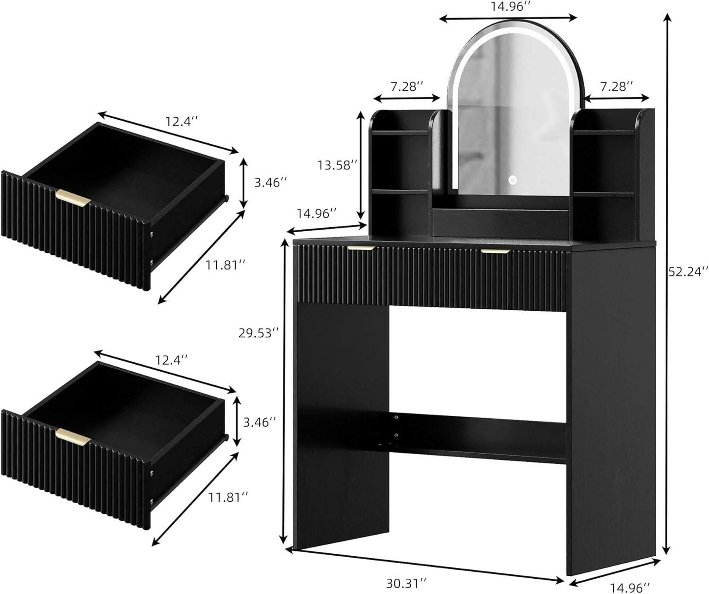 Makeup Vanity Desk with Mirror and Lights, Black Vanity Table with 2 Drawers & Open Storage Shelves, Fluted Vanity Bedroom Makeup Dressing Table Set for Women Girls