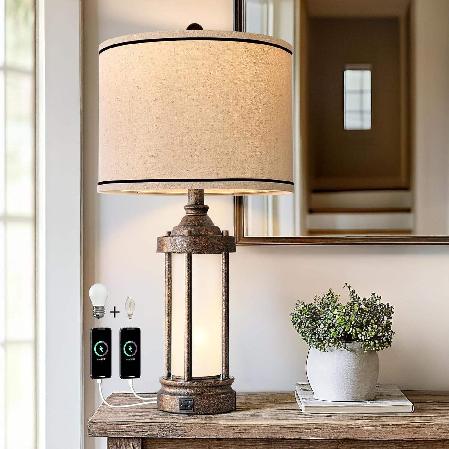 25'' Table Lamp for Living Room Bedroom Farmhouse Metal Lamps with 2 USB Ports, Built-In Frosted Glass Night Light Vintage Industrial Nightstand Bedside End Lamp, 2 Bulbs Included, Bronze