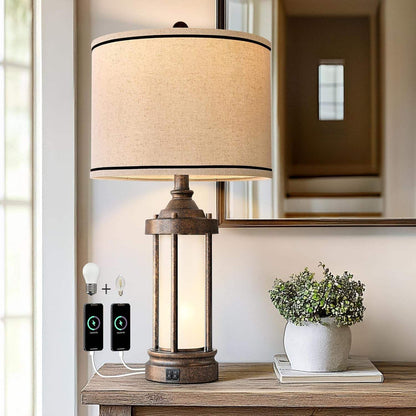25'' Table Lamp for Living Room Bedroom Farmhouse Metal Lamps with 2 USB Ports, Built-In Frosted Glass Night Light Vintage Industrial Nightstand Bedside End Lamp, 2 Bulbs Included, Bronze