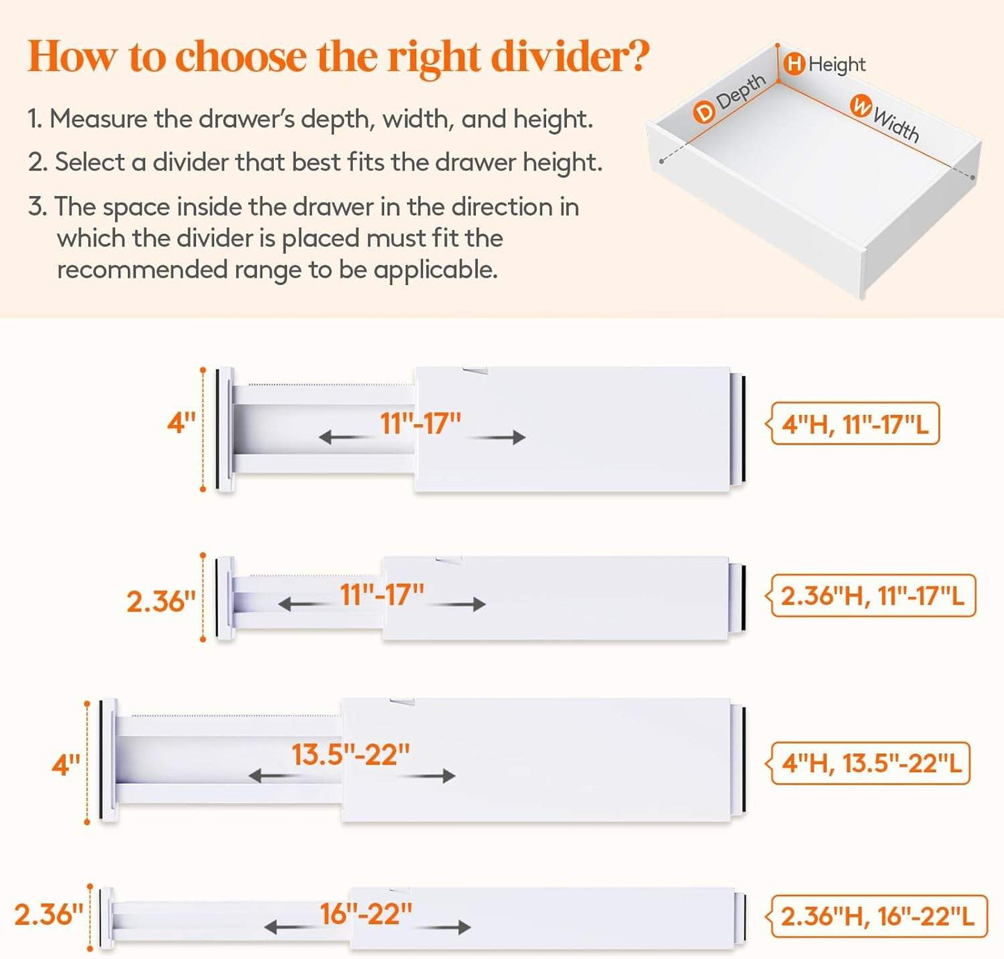 5 Pack 4" High Drawer Dividers 34-56Cm/13.5-22" Adjustable Drawer Organizer for Clothes/Utensils, Expandable Drawer Separator in Dresser/Kitchen/Bedroom/Office Organization & Storage White