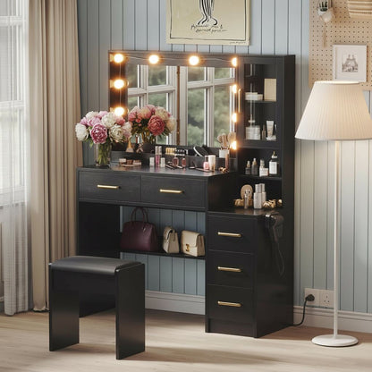 Makeup Vanity with Lights & Charging Station, Black Vanity Table with 5 Drawers & Open Storage Shelves, Bedroom Makeup Dressing Table Set for Women Girls Golden Handles