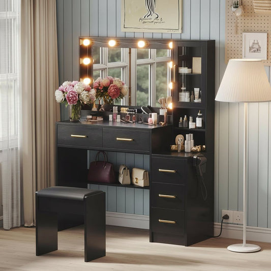 Makeup Vanity with Lights & Charging Station, Black Vanity Table with 5 Drawers & Open Storage Shelves, Bedroom Makeup Dressing Table Set for Women Girls Golden Handles