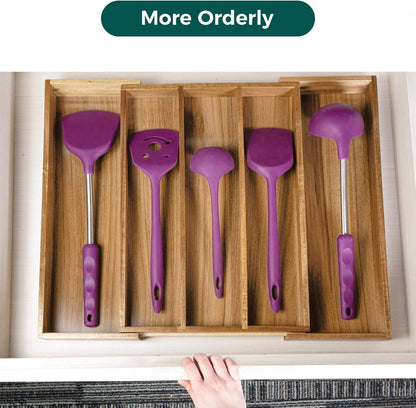 Acacia Kitchen Drawer Organizer Expandable, Large Utensils and Cutlery Tray, Adjustable Silverware Divider for Knives Flatware