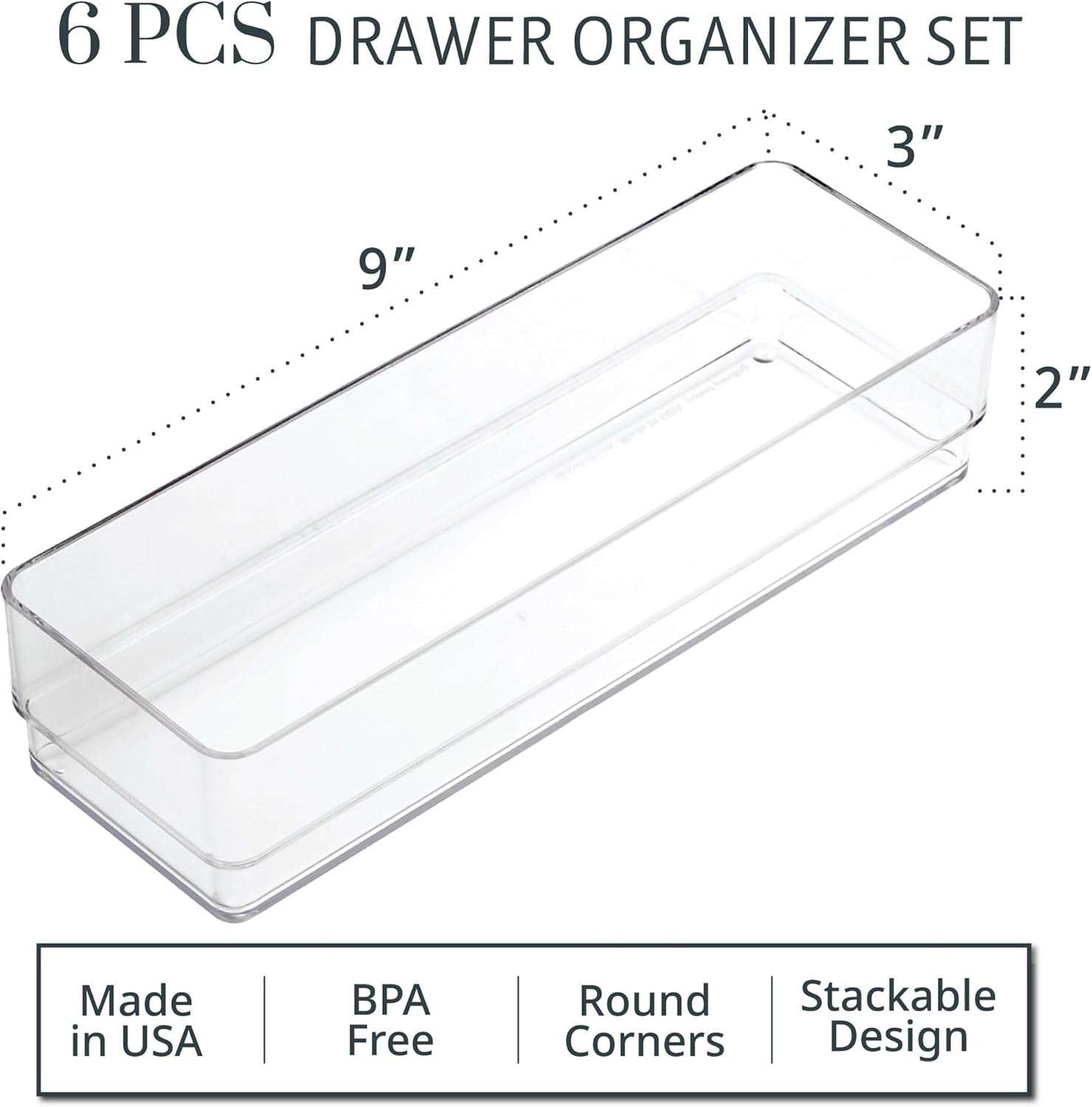 Simplesort 6-Piece Stackable Clear Drawer Organizer Set | 9" X 3" X 2" Rectangle Trays | Narrow Makeup Vanity Storage Bins and Office Desk Drawer Dividers | Made in USA