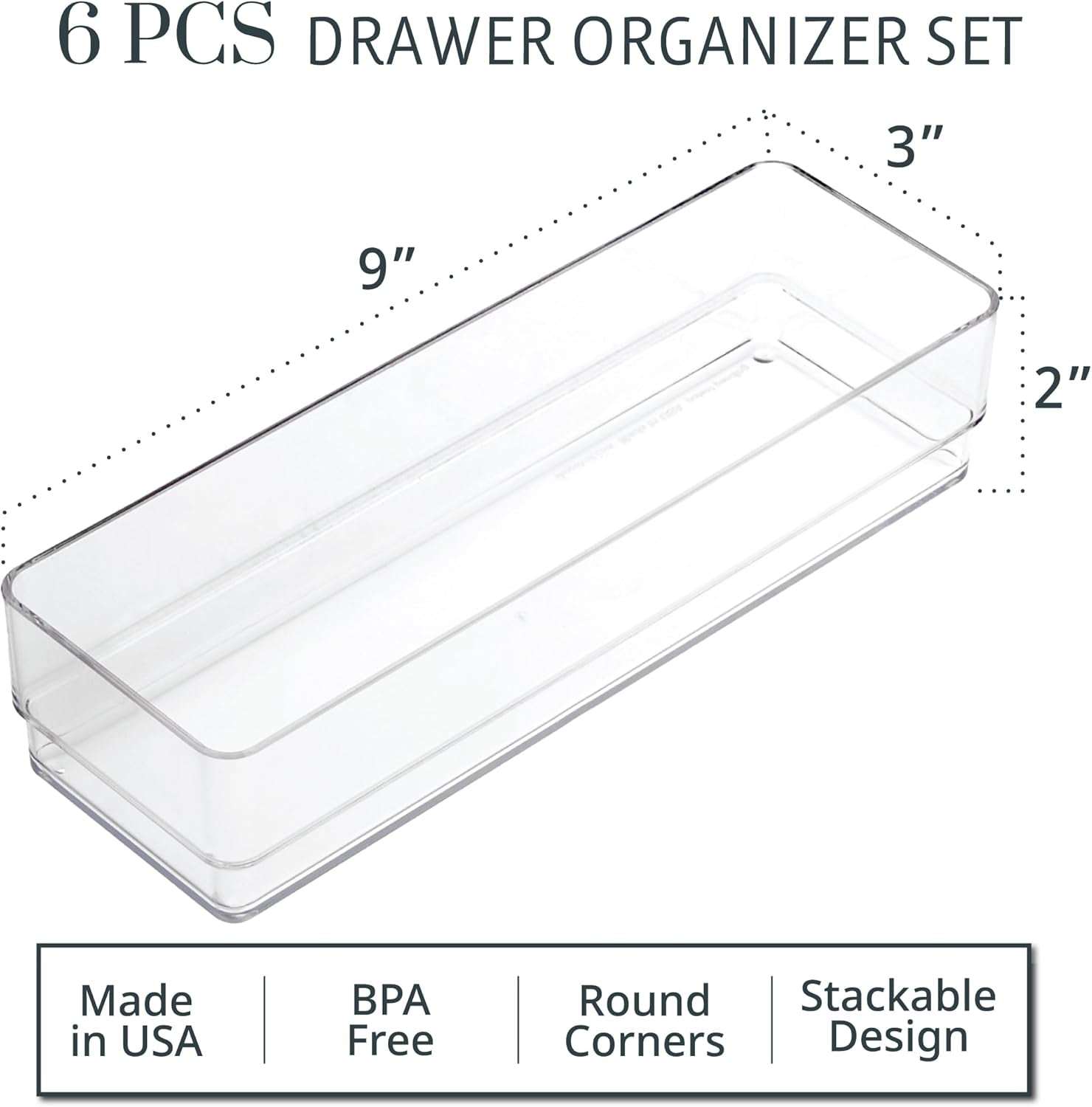 Simplesort 6-Piece Stackable Clear Drawer Organizer Set | 9" X 3" X 2" Rectangle Trays | Narrow Makeup Vanity Storage Bins and Office Desk Drawer Dividers | Made in USA