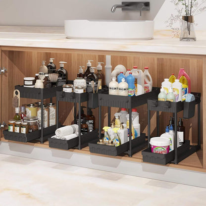 4 pack black under sink organizers with pull out drawers, hooks, and cups for bathroom storage