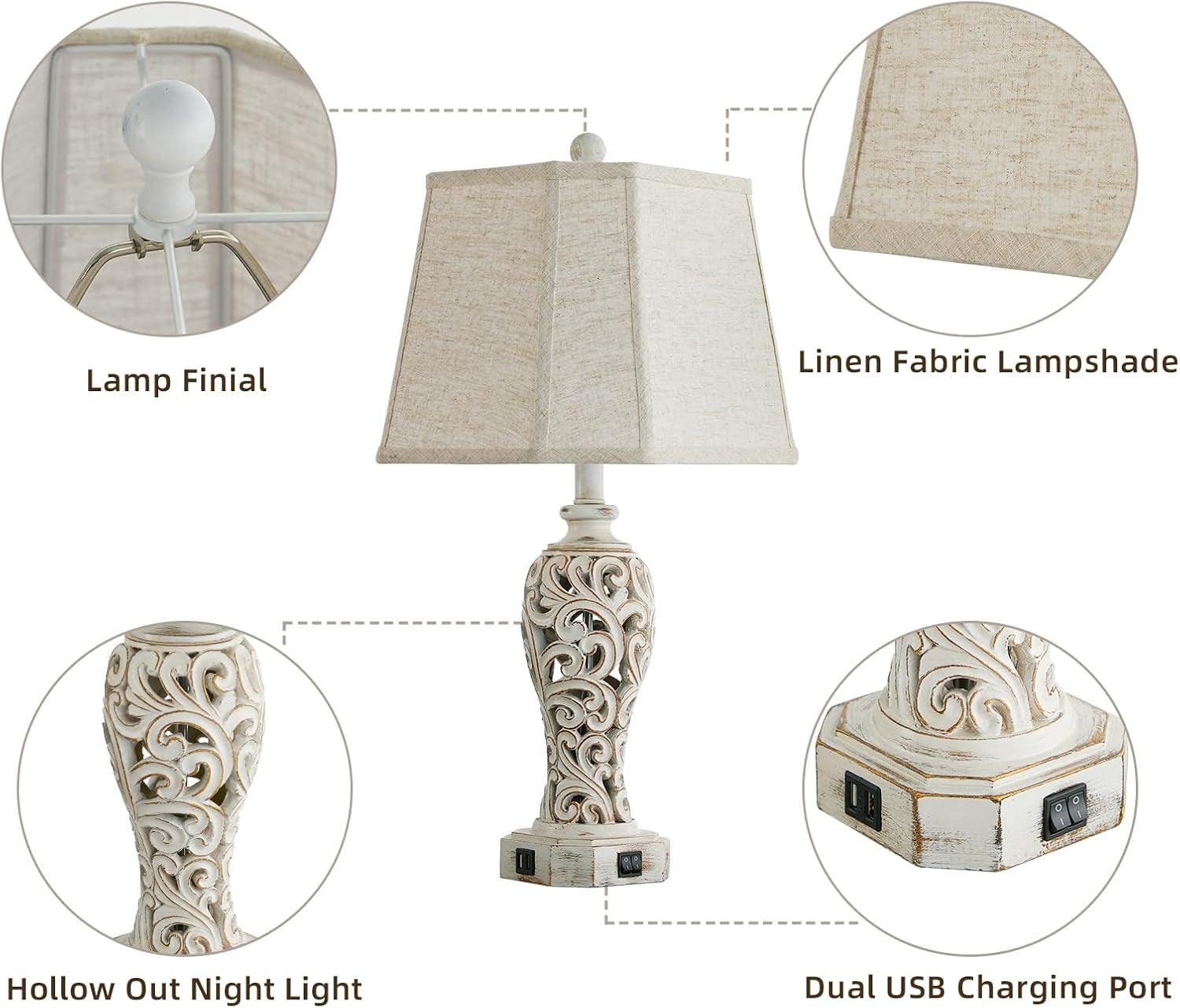 25'' Farmhouse Table Lamp for Living Room Bedroom with USB C+A | Vintage Rustic Nightstand Desk Lamp with Nightlight, White Hollow Out Resin Lamp for End Table (Bulb Included)