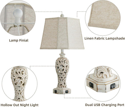25'' Farmhouse Table Lamp for Living Room Bedroom with USB C+A | Vintage Rustic Nightstand Desk Lamp with Nightlight, White Hollow Out Resin Lamp for End Table (Bulb Included)